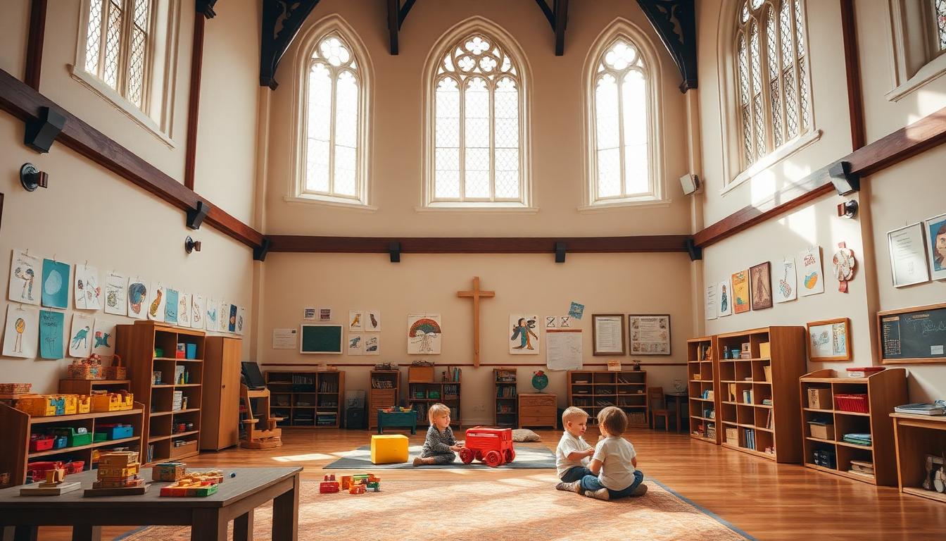 Warm preschool classroom with children learning and playing